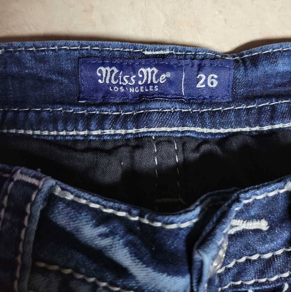 Miss me jeans size 26 mid rise skinny distressed, embellished-blue/silver - Picture 11 of 15